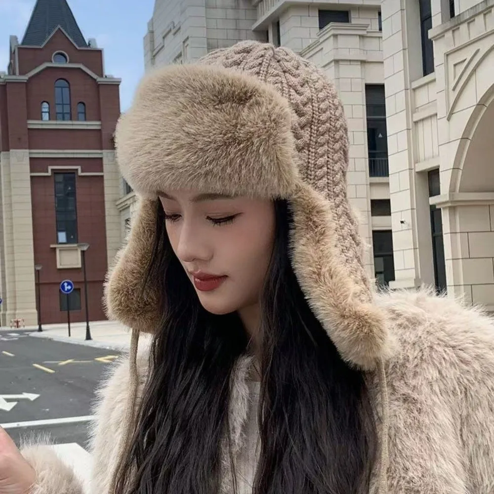 多用途ニット男性女性パイロット帽子ふわふわ防風フェイクファーレイフェン帽子韓国防寒耳保護キャップレディース