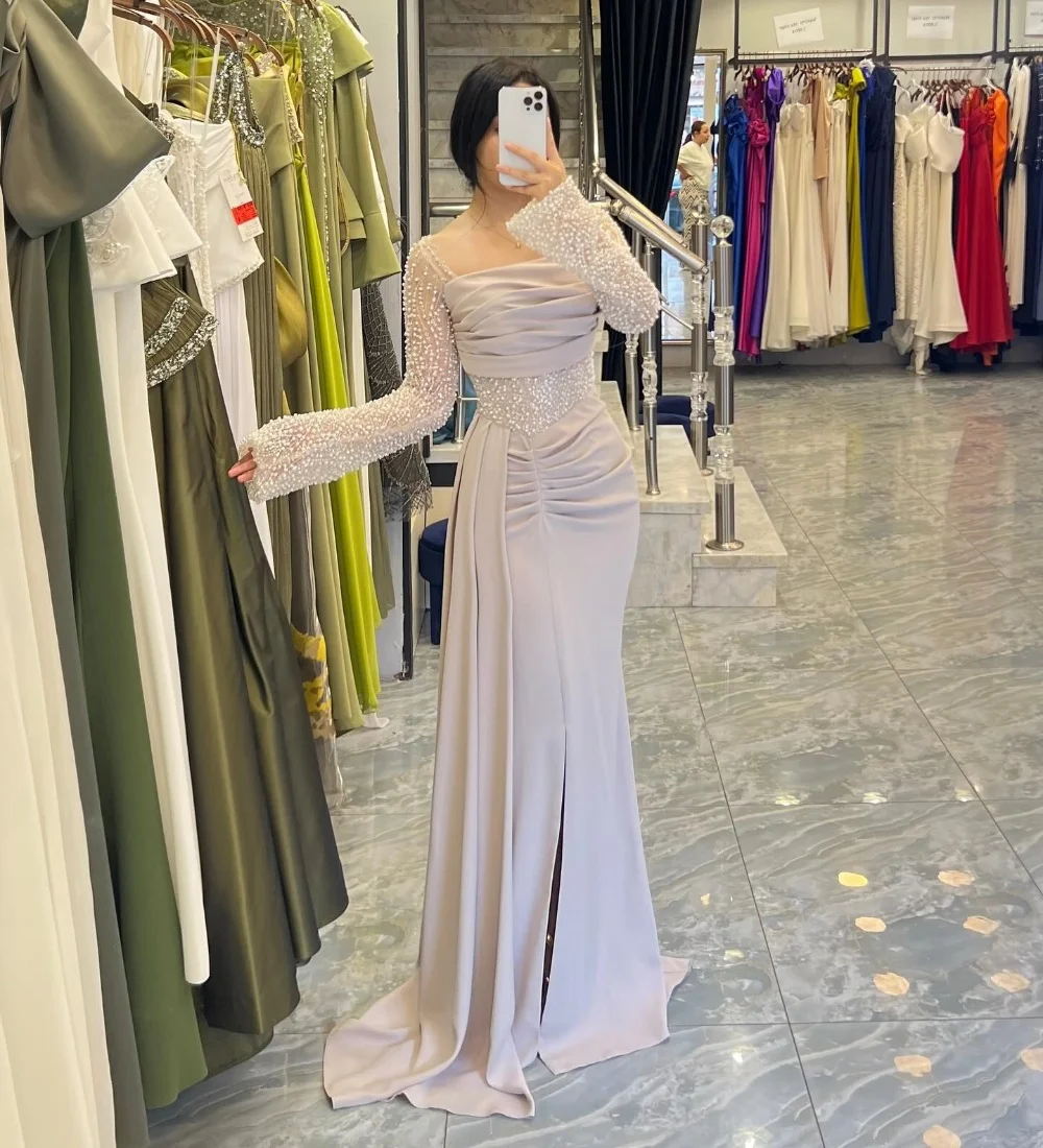 

Customized High Quality Jersey Pleat Sequined Trumpet Square Neck Long Dresses Bespoke Occasion Chinese Style