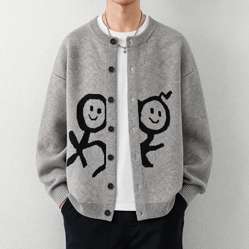 Fashion High Quality Knitted Cardigan Winter New Cartoon Print Men's Button Round Neck Designer Brand Korean Casual Sweater Coat