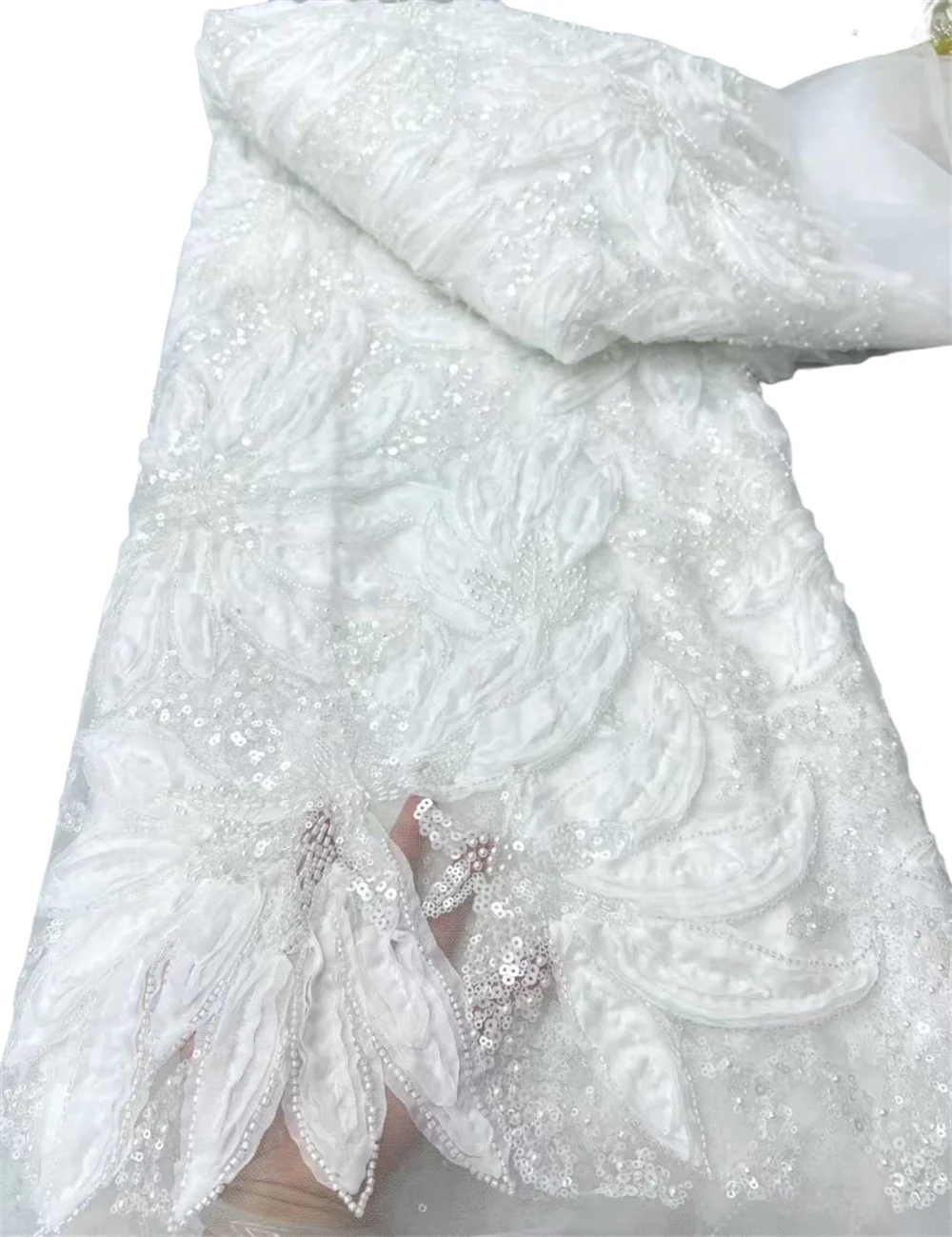 

Luxur White Nigerian African Beaded Lace Fabric High Quality Sequins Embroidery African French Lace Fabric For Sewing 5 Yards 36