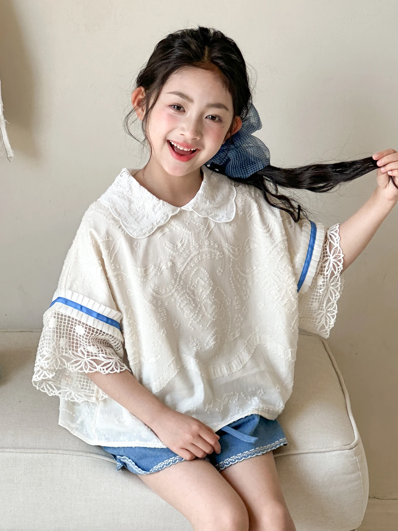 summer-doll-shirt-for-girls-children's-clothing-gentle-style-five-quarter-sleeve-breathable-skin-friendly-loose-fit