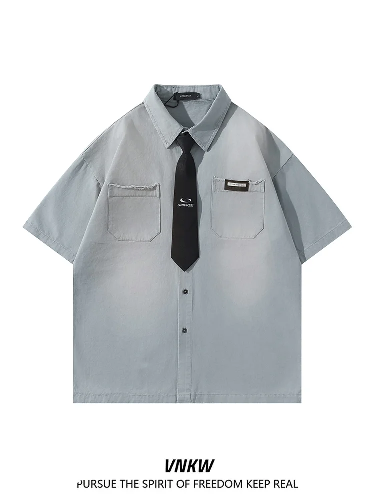 

Vnkw American Retro Waed Denim Collared irt ort Sve Iron Free Loose Casual irt Trendy Youth Cotton Spring Summer
