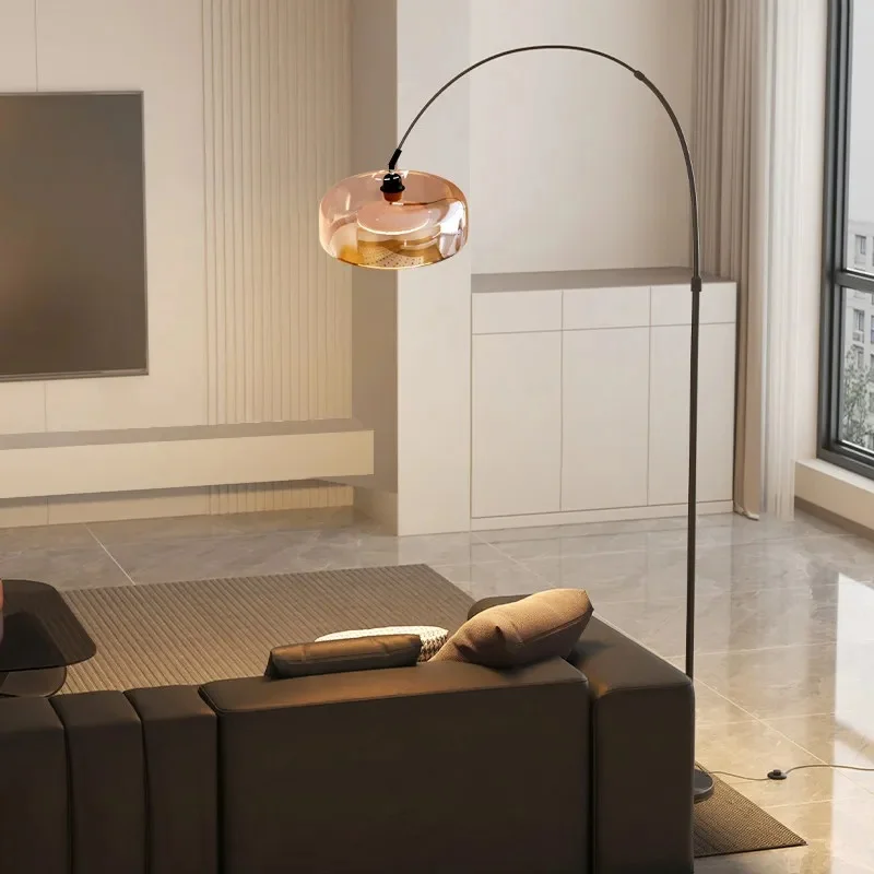Modern Arc Fishing Floor Lamp Smoked Glass Shade Black Metal Curved Arm LED Standing Lamp Living Room