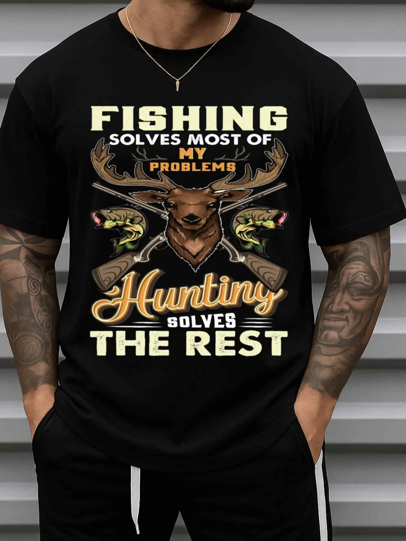 Men's Funny Fishing Graphic T-Shirt - Fishing Solves Most Problems Slogan, Fish and Hook Design - Black Casual Streetwear T-Shirt, Suitable for Outdoor Activities, Fishing Trips, and Casual Wear - Humorous Gift for Fishing Enthusiasts and Those over 60 Years Old