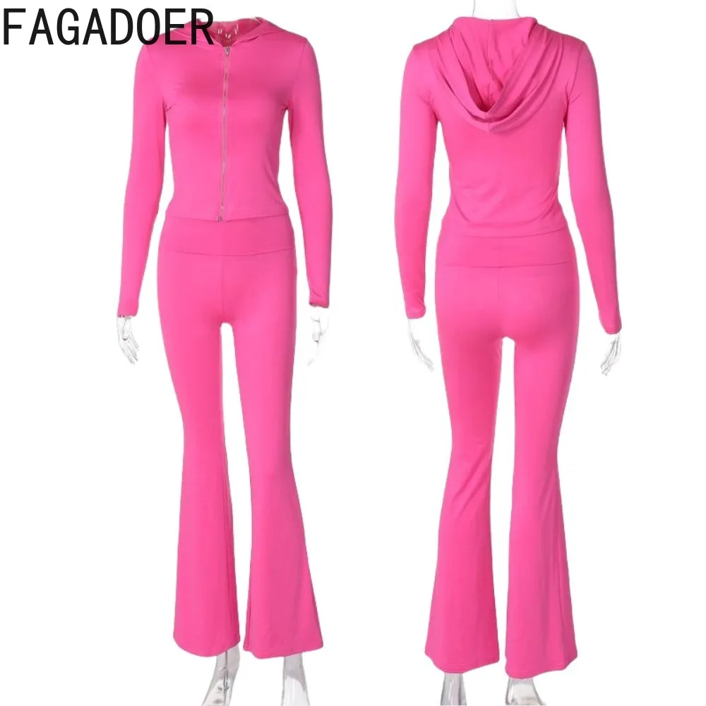 FAGADOER Autumn New 2 Piece Sets Women Outfit Casual Zip Hooded Crop Top + High Waist Flared Pants Suits Y2K Streetwear Clothing