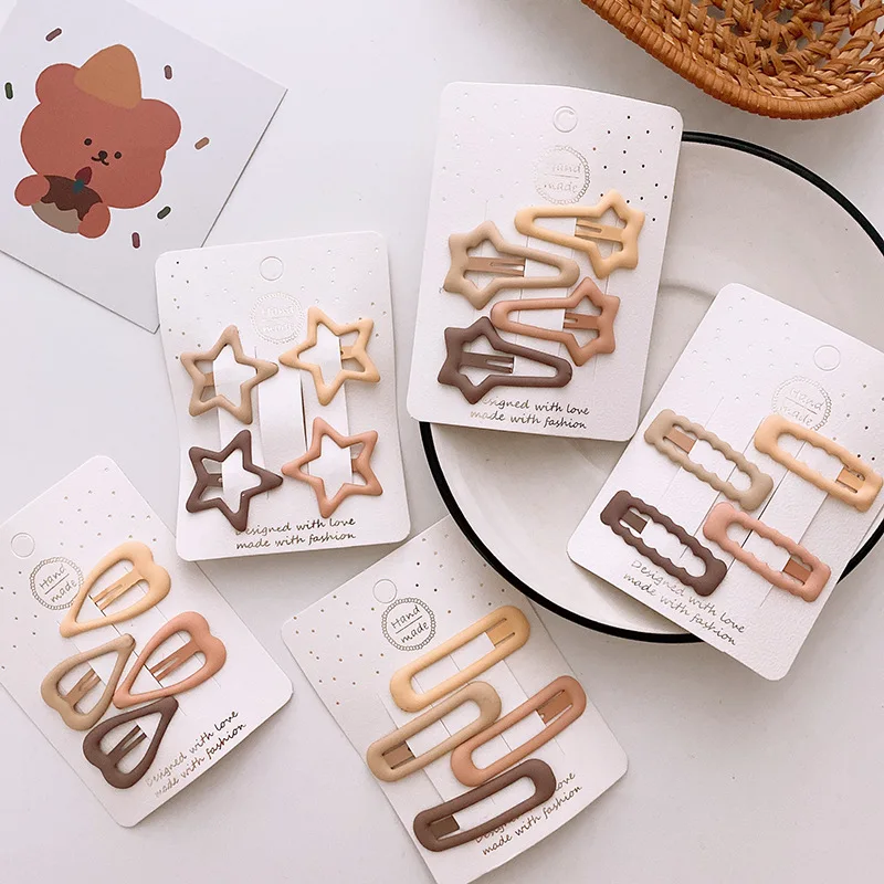 3/4pcs Korean Coffee Frosted Simplicity Hairpins for Girls Star Oval Triangle Square Hair Clips Kids Snap Hairpins Click Clack