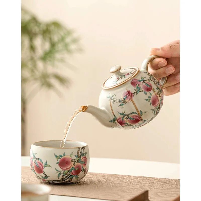 

Pastel nine peach teapot household ceramic single pot high-end tea set is not hot, free gift box 220ml