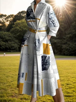 فستان نسائي جديد مطبوع عليه صحيفة لعام 2025 مع ياقة واقفة، فستان خريفي طويل الأكمام حضري غير رسمي متوسط الطول