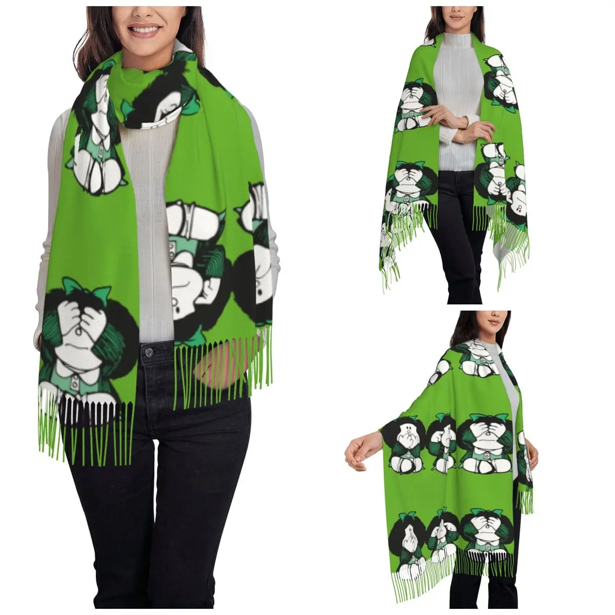 Womens Tassel Scarf Three Monkey Large Super Soft Shawl and Wrap Mafalda Cartoon Gifts Cashmere Scarf