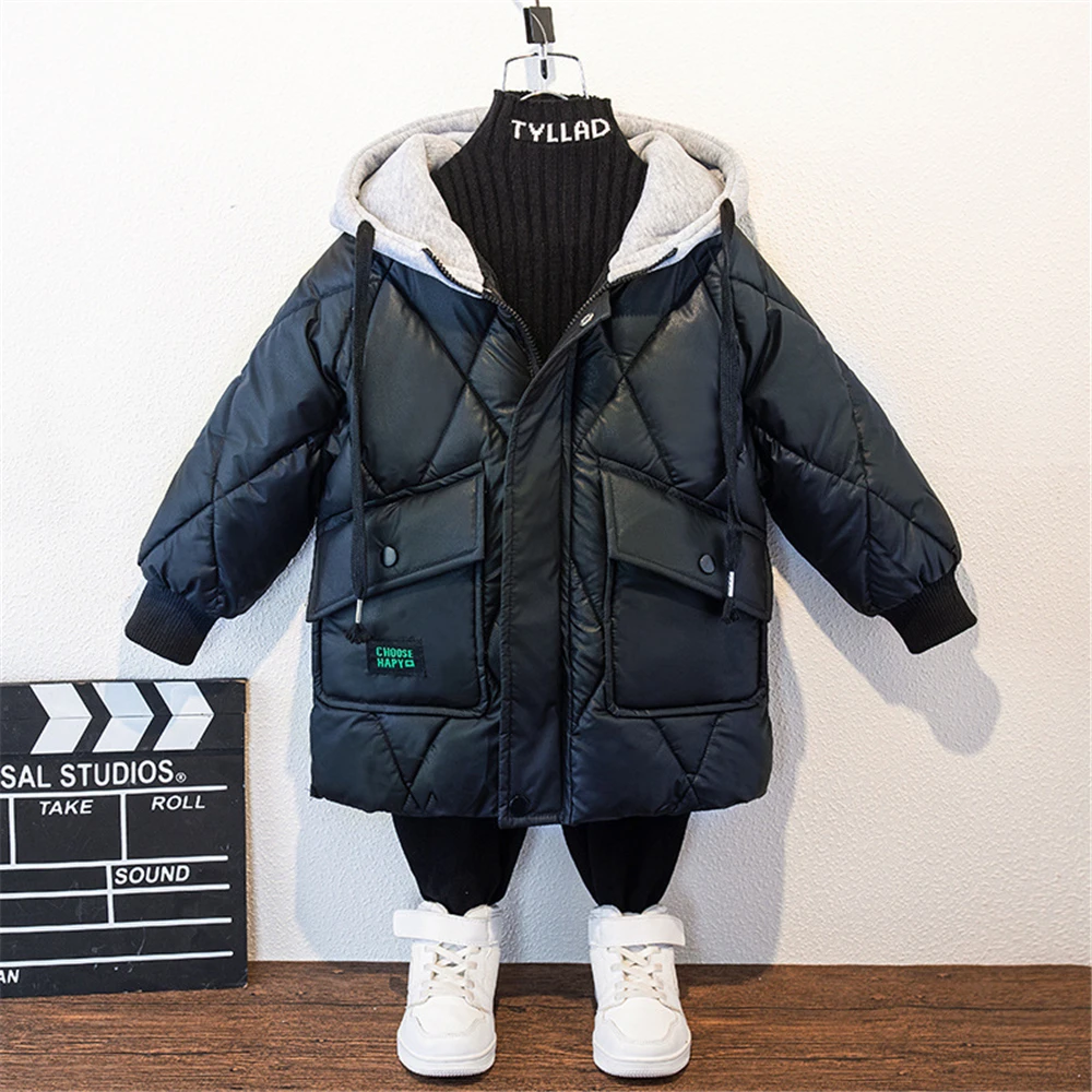 2-14y coreano moda meninos casaco de inverno crianças cáqui preto jaqueta engrossar quente para baixo jaqueta criança crianças zíper com capuz outerwear