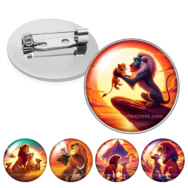 Lion King Simba Mufasa Timon Pumbaa Cartoon Photo Glass Cabochon Brooch Pinback Button Bag Clothes Denim Jeans Lapel Pin Badge