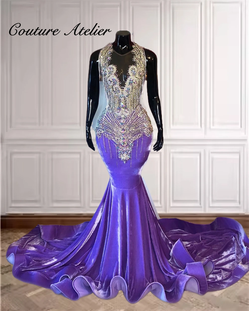 

Light Purple Velvet Sliver Tassels Crystal Beading Prom Dresses Africa Luxury Mermaid Party Wedding Evening Gown Customized