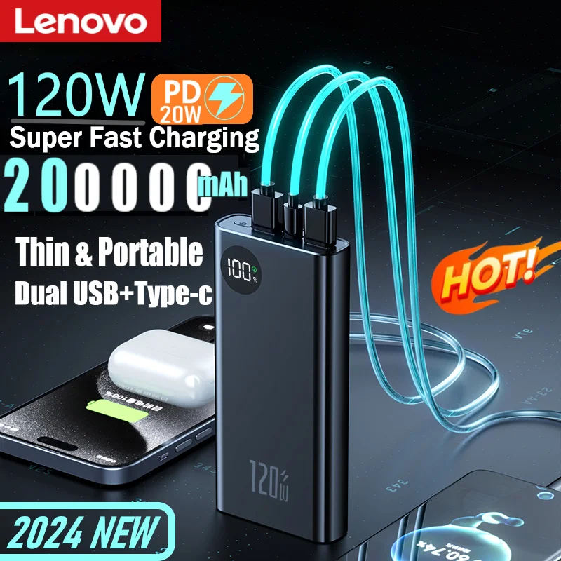 Lenovo-Banco de energía portátil de 200000mAh, cargador rápido de 120W, batería de respaldo Superfina, batería de alta capacidad para iPhone 14 15 Samsung