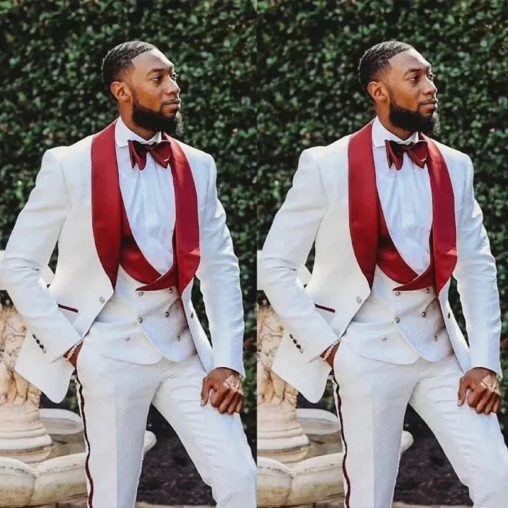 

Белые мужские костюмы с цветочным принтом, 3-х предметные формальные свадебные бордовые смокинги с шалью и лацканами для выпускного вечера, мужские костюмы для жениха (пиджак + жилет + брюки)