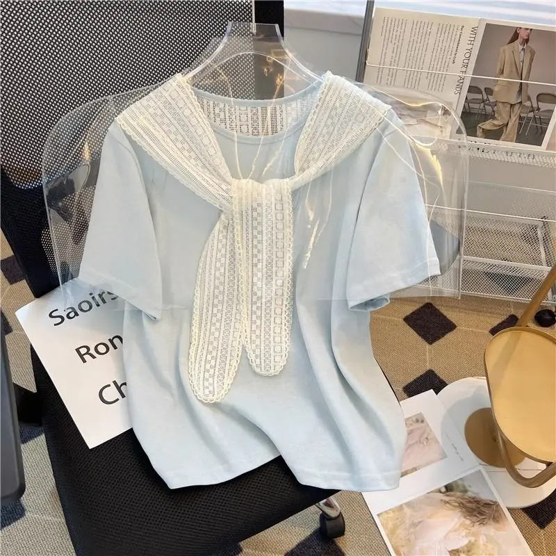 EBAIHUI Fake Two Piece Design Women T-shirt Summer Fashion Lace Patchwork Ladies Short Sleeve Tee Round Neck Chic Versatile Top