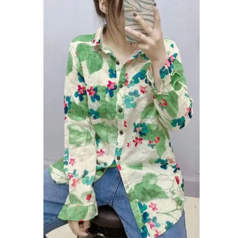 Women\'s Fashion Vintage Floral Printed Button Up Shirt Casual Lapel Cotton Linen Blouse Long Sleeve Loose All Match Tops Blusas