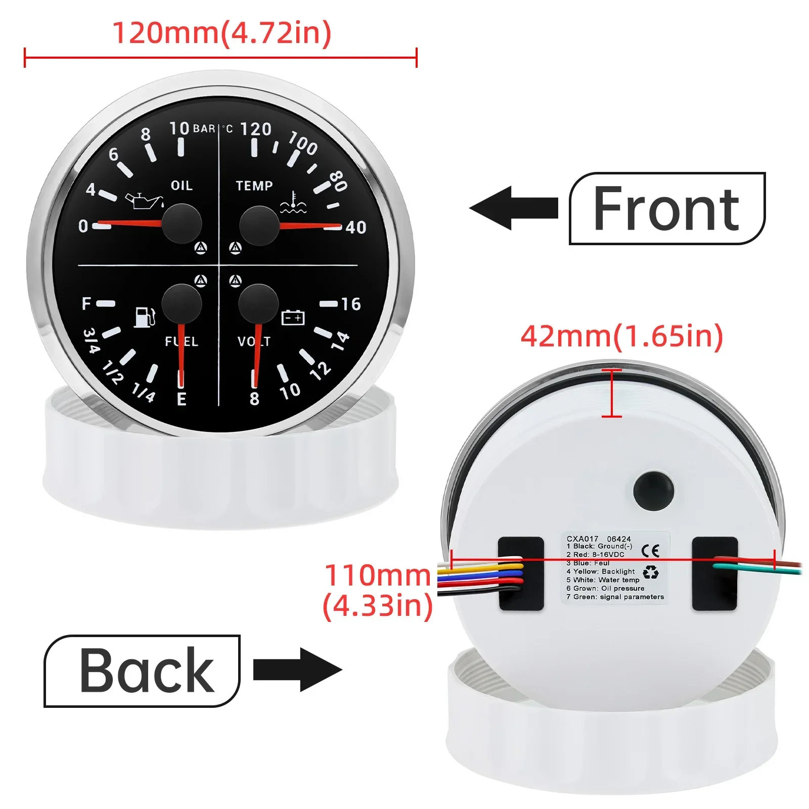 AD 110mm 4 in 1 Gauge 0-10Bar Oil Press Gauge 40-120Celsius Water Temp Fuel Level 8-16V Voltmeter For Marine Boat Car Customized