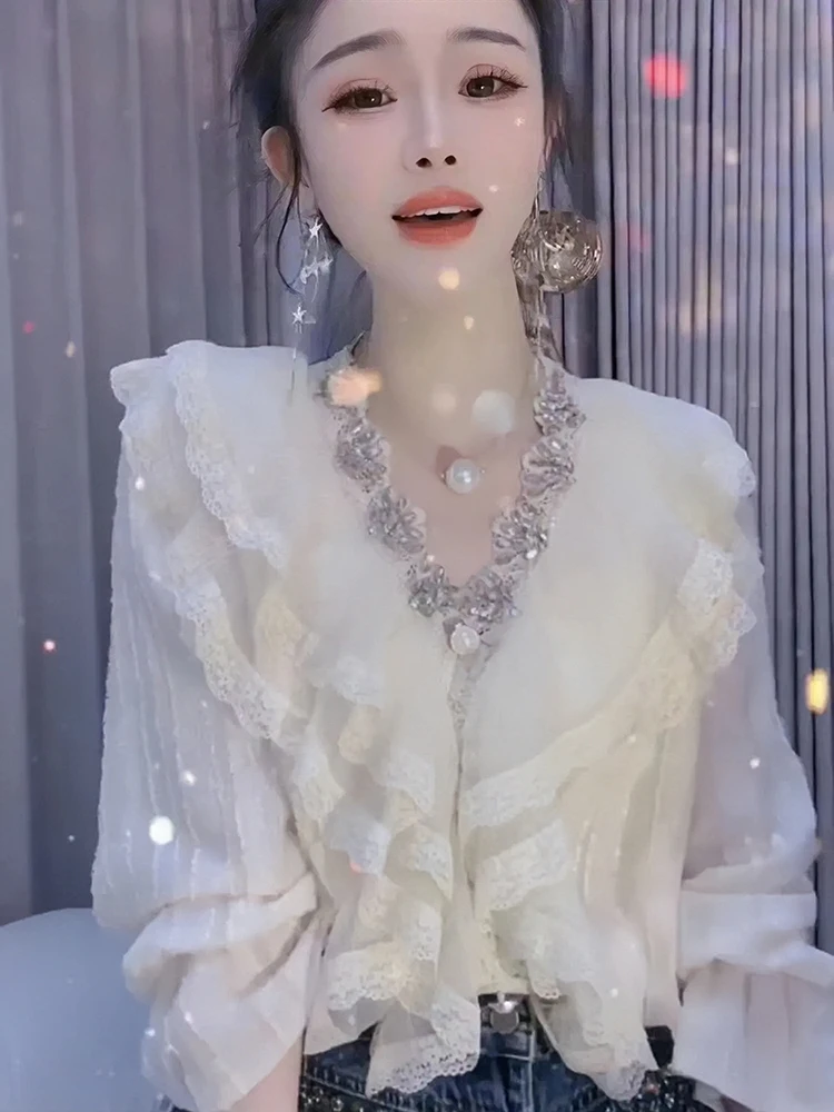 Fashionable Feminine Socialite Lace Shirt Women's 2024 Spring New High-End Rhinestone Design V-neck Long Sleeve Solid Color Top