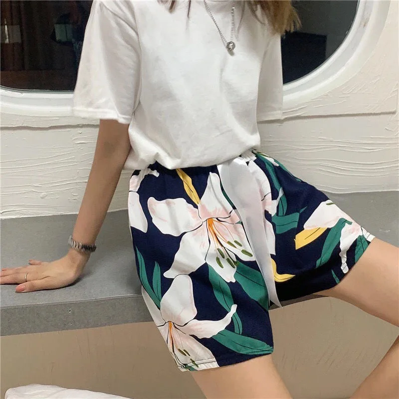 Women\'s Cotton Pajamas Shorts, Floral Printing Short, Loose Beach Home Pants, Comfy Lounge Bottom, Sleep Shorts