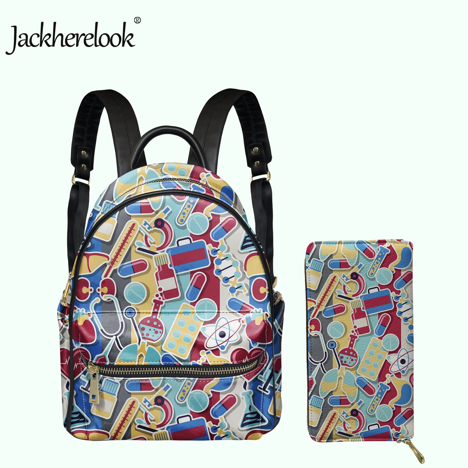 

Jackherelook Cute Medical Pattern Women Backpack for Doctor Nurse Luxury PU Leather Schoolbags&Coin Purse 2Pcs/Set Bolsa 2022