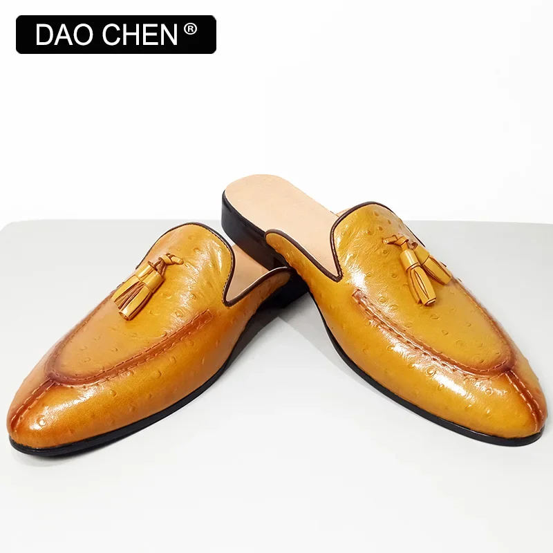 SUMMER MEN'S MULES HALF SHOES YELLOW BLACK SPLIT TOE TASSELS MEN DRESS CASUAL SHOES BREATHABLE GENUINE LEATHER SHOES MEN