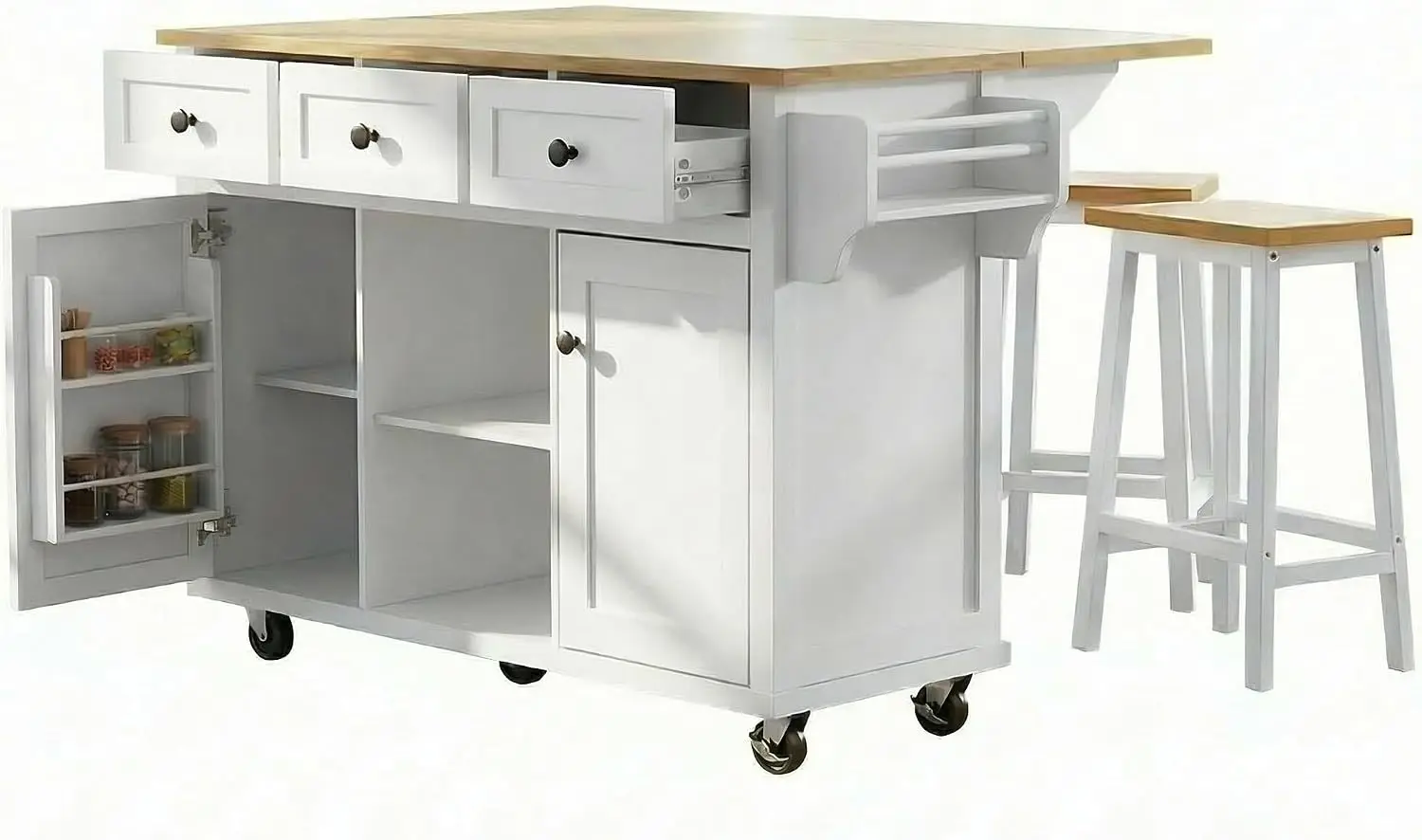 53'' Mobile Kitchen Island with Seating, Rolling Kitchen Island with Storage and Drop Leaf 3 Drawers Islands Cart Rubberwood Top