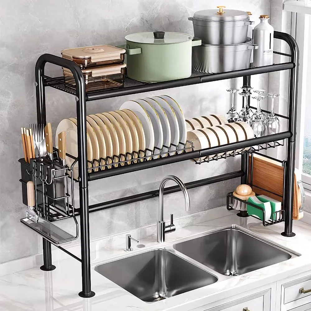 Scolapiatti Multilivello da Appoggio per Lavello, Organizzatore da Cucina con Ganci e Porta Utensili