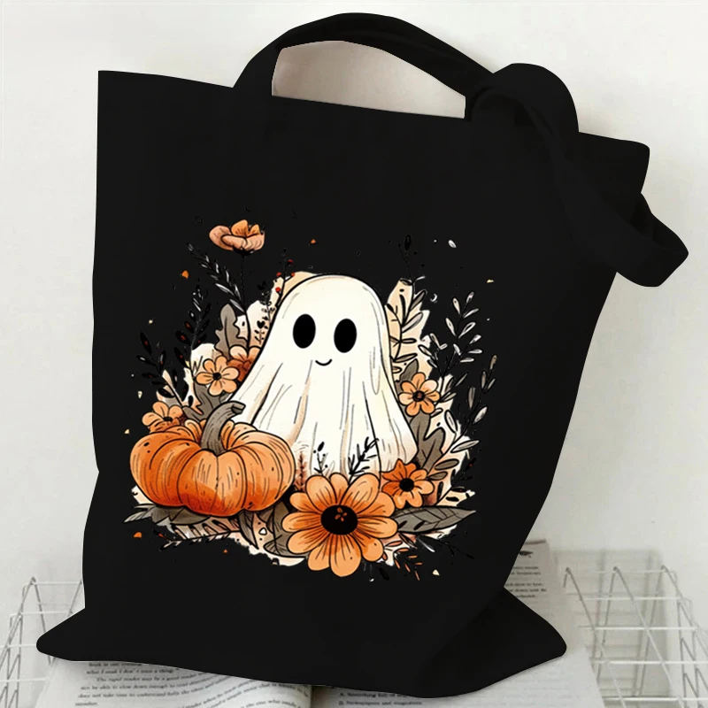 Canvas Shoulder Bag Unisex Flower Cute Ghost Design Women Tote Bags Skeleton Pumpkin Ghost Handbags Funny Halloween Children Bag