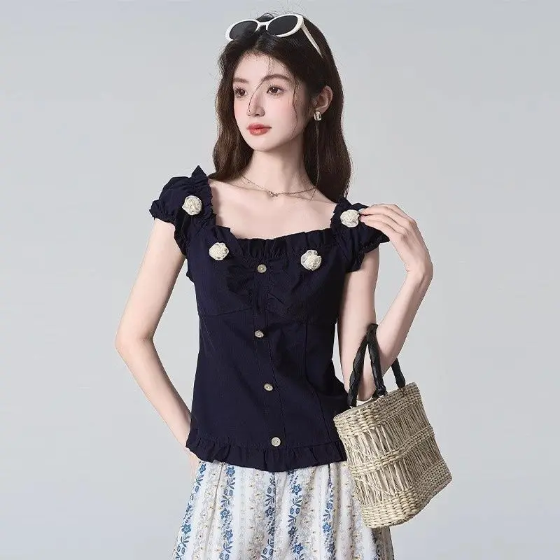 Petit haut coréen pour femmes, coupe cintrée, polyvalent, mode tempérament, Style de vacances, imprimé Floral bleu, été 2025