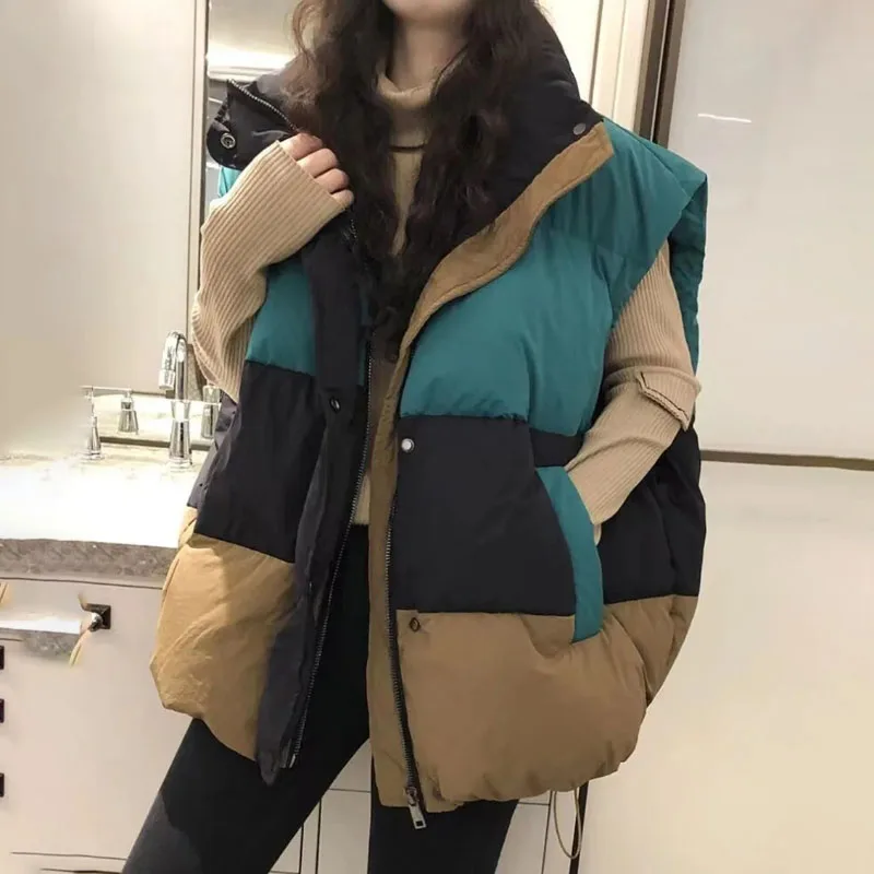 2023 New Autumn Winter Down Cotton-Padded Jacket Vest Women's Outwear Korean Loose Thick Waistcoat Fashion Stitching Vest Jacket