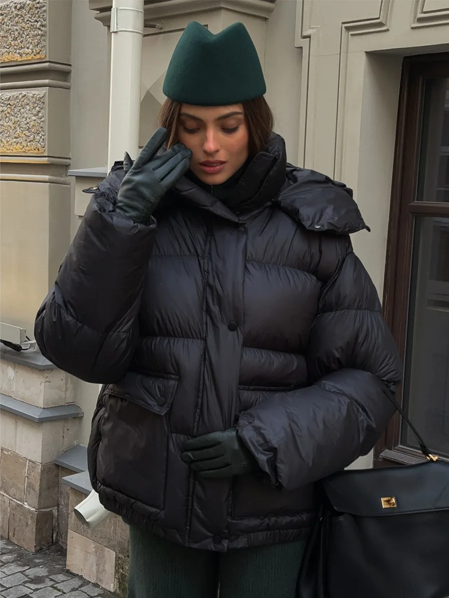 

Women's New Winter Black Parkas Fashionably Warm Hooded Outerwear Simple Cotton Padded Jacket Square Pocket