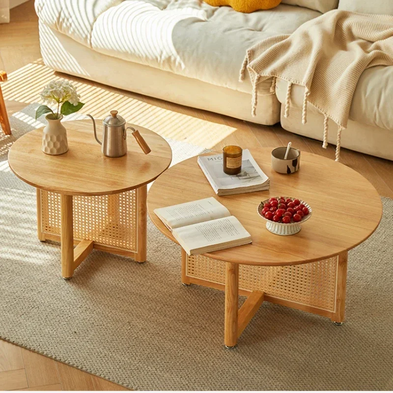 Middle Ancient Rattan Weaving Center Table Solid Wood Side Table Round Coffee Tables, Stable Load-Bearing Tea Table, Living Room