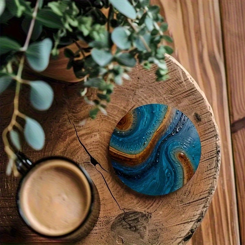 2D Retro Blue Resin Patterned Coaster Wooden Heat Resistant Beverage Car Coaster Coffee Tea Perfect Party Decor Coffee Shop