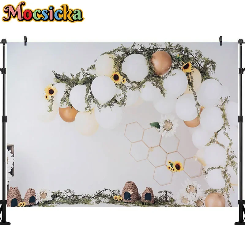 Cute Bee Photography Background Honeycomb Colorful Balloons Party Decoration Cake Crush Baby Shower Backdrop Studio Props