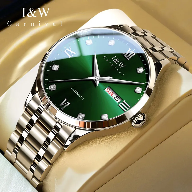 Carnival Brand Luxury Imported Movement Mechanical Watch Men Stainless Steel Waterproof Sapphire Double Calendar Automatic Watch