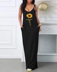 Summer Women's Sunflower Faith Printed Loose Large V-neck Sexy Strap Dress 90s clothing Women's Dress Casual