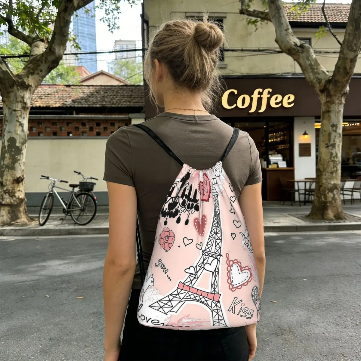 Romantic Paris Eiffel Tower Design Backpacks Multi-function Drawstring Bundle Pocket Sundries Bag Book Bags for Travel School