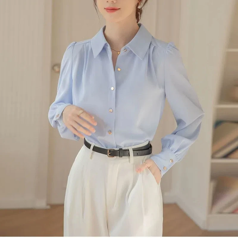 Autumn New Korean Loose White Shirt Tops Long Sleeve Polo Neck Solid Simplicity Office Blouse Temperament Elegant Women Clothing