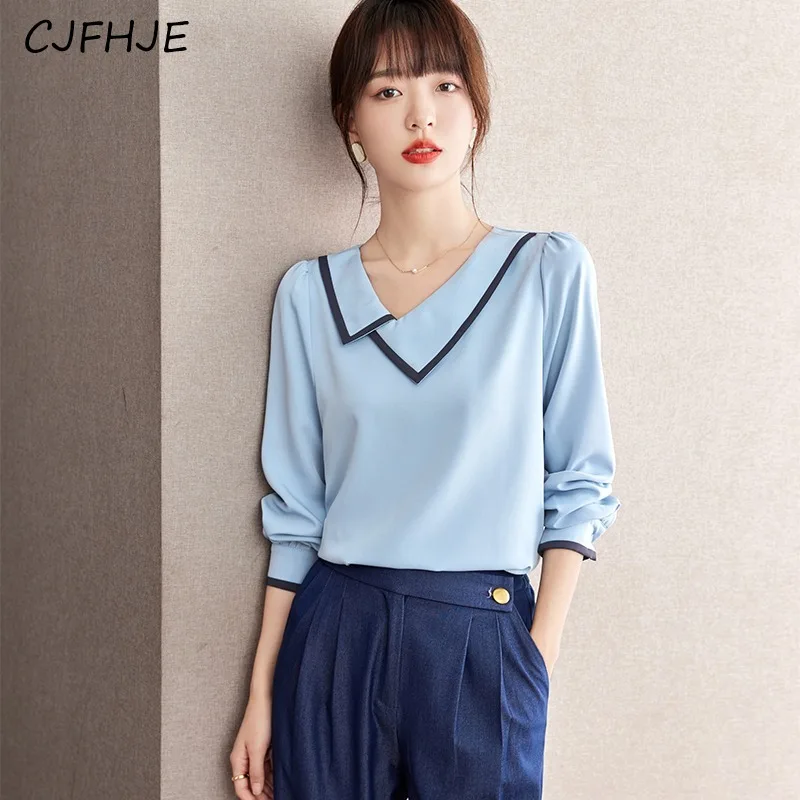 

CJFHJE New Women's Blue Doll Neck Long Sleeved Shirt Korean Fashion Simple Commuter Women Unique Small Shirt Temperament Top