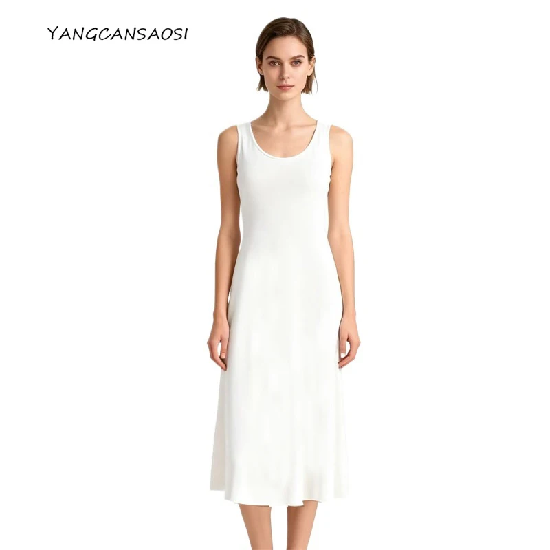 

2025 Women's Autumn New 100% Lyocell Tencel Round Neck Sleeveless Head Slim Fit Mid Length Vest Solid Color Dress
