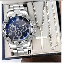 Men's Watch Set + Necklace with Cross Fashion Casual Stainless Steel Three-dial Quartz Watch Fathers Day Graduation Gift Set