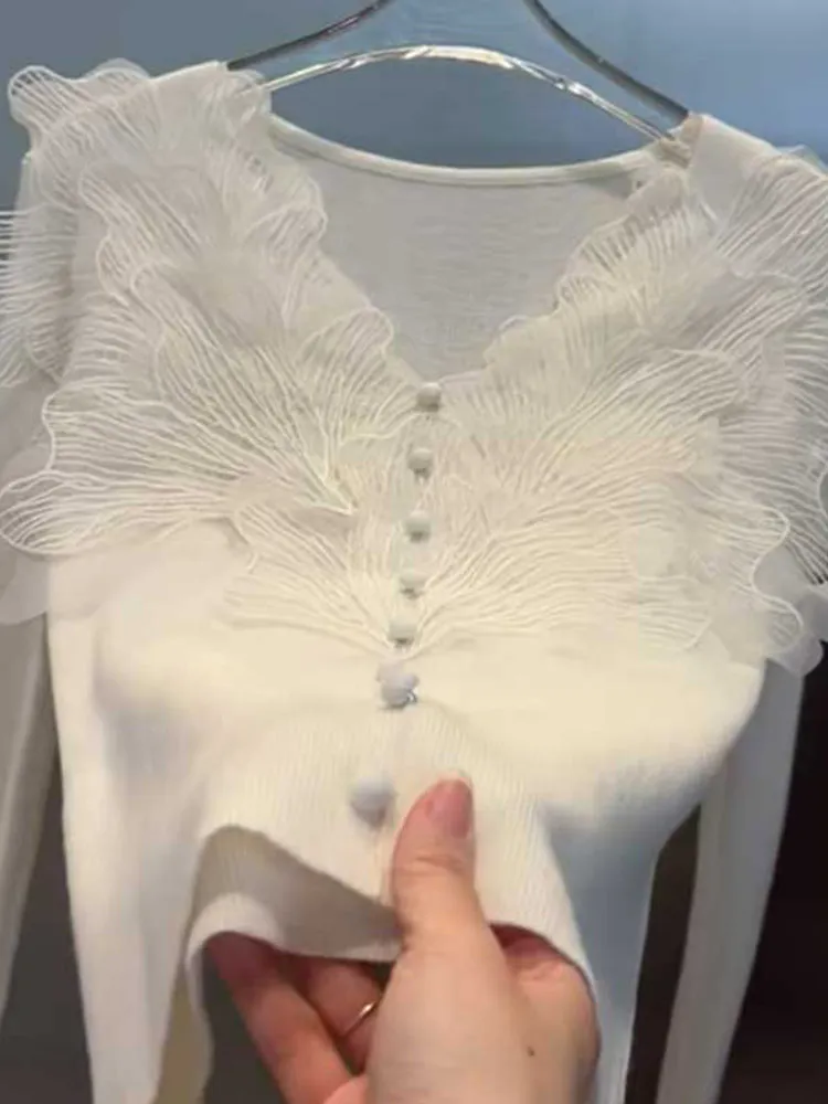 

Slim Fit V-Ne Кружевной вязаный топ Long Sve Удобная женская основа irt New Sle Корейская версия Commute Sle