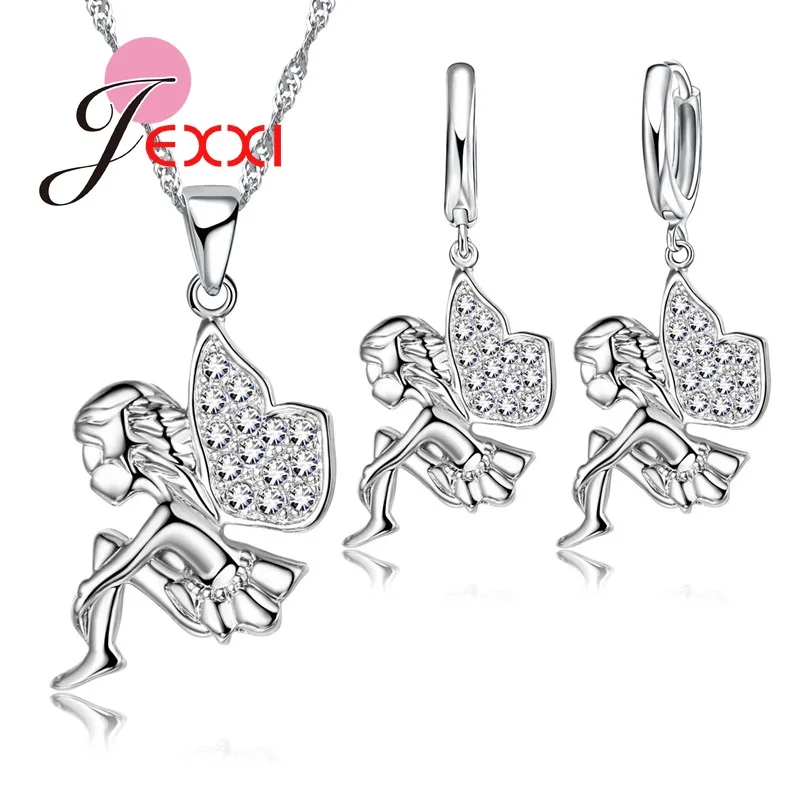 925 Sterling Silver  Austrain Crystal Little Fairy Cute Elf Pendant Necklace Hoop Earring Jewelry Set Engagement Bijoux