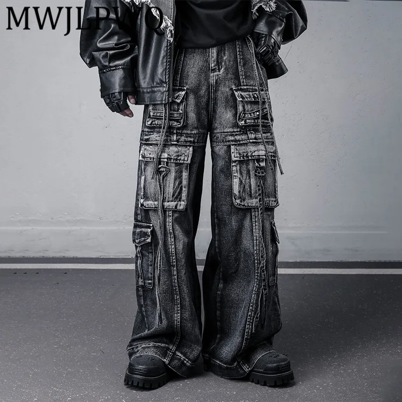 MWJLPWQ Uique Washed Vintage Punk Rivet Jeans Men's Fuctional Multi-Pocket Streetwear Tide Loose Straight-Leg Cargo Pants 12092