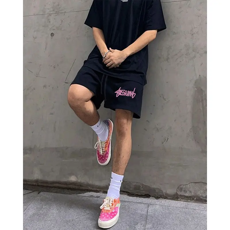 

American High Street Casual Sporty Drawstring Basketball Shorts Men's Loose Straight Leg Five-Quarter Pants Summer Wear