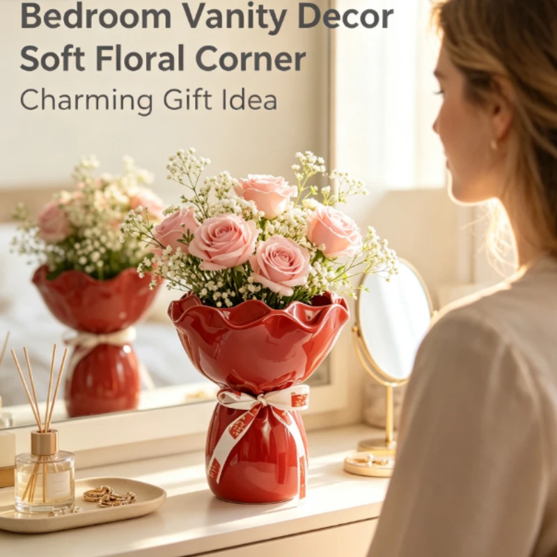 Creative Ceramic Bouquet Wrapper Vase With Wavy Rim And Satin Bow For Bedroom Dresser Romantic Gift Ornament