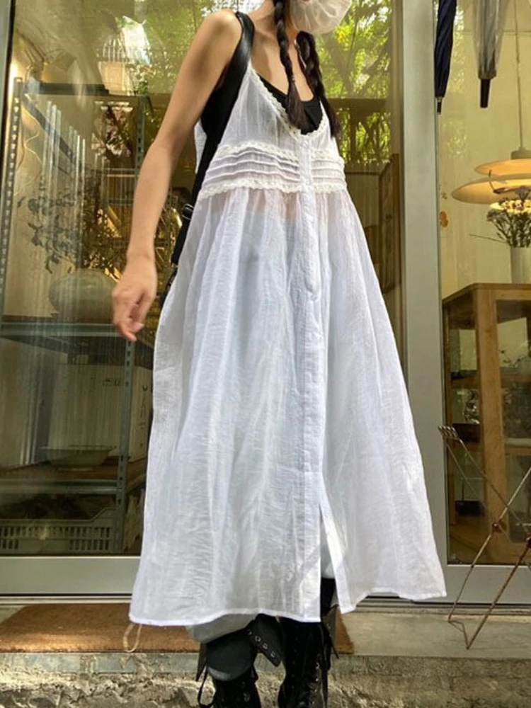 Summer Y2K Dress for Wome Sexy Sling Robe Femme 2024 Vestidos De Mujer Loose Long Robe Korean Fashion See Through White Dresses