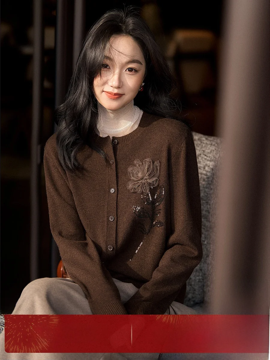 

Вязаный кардиган BlingBling с вышивкой бисером, из шерсти и кашемира, розовый, повседневный, комфортный, средней плотности, с длинными рукавами, женский