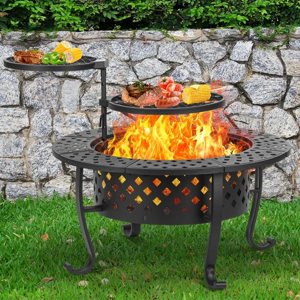 

36 Inch Fire Pit with 2 BBQ Grills, Wood Burning Fire Pits for Outside with Lid & Fire Poker, BBQ& Outdoor Firepit & Round Metal