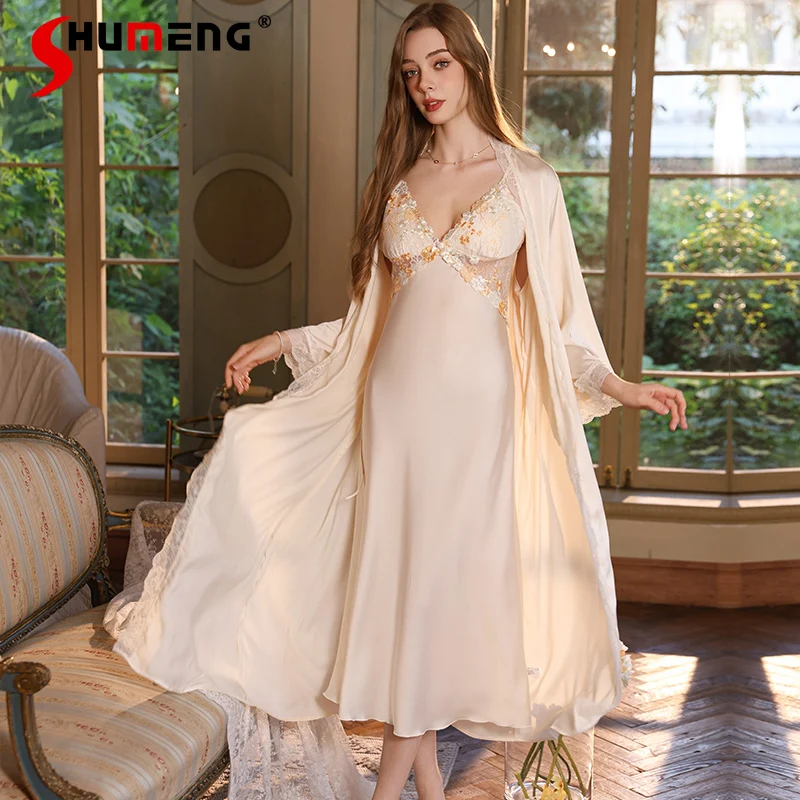 

Кружевная лоскутная ночная рубашка, комплект из двух предметов с накладкой на грудь, женский халат во французском стиле с вышивкой, женская одежда для сна высокого класса